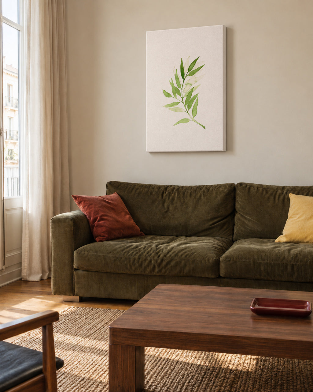 Olive Green Branch - Unframed canvas in an interior