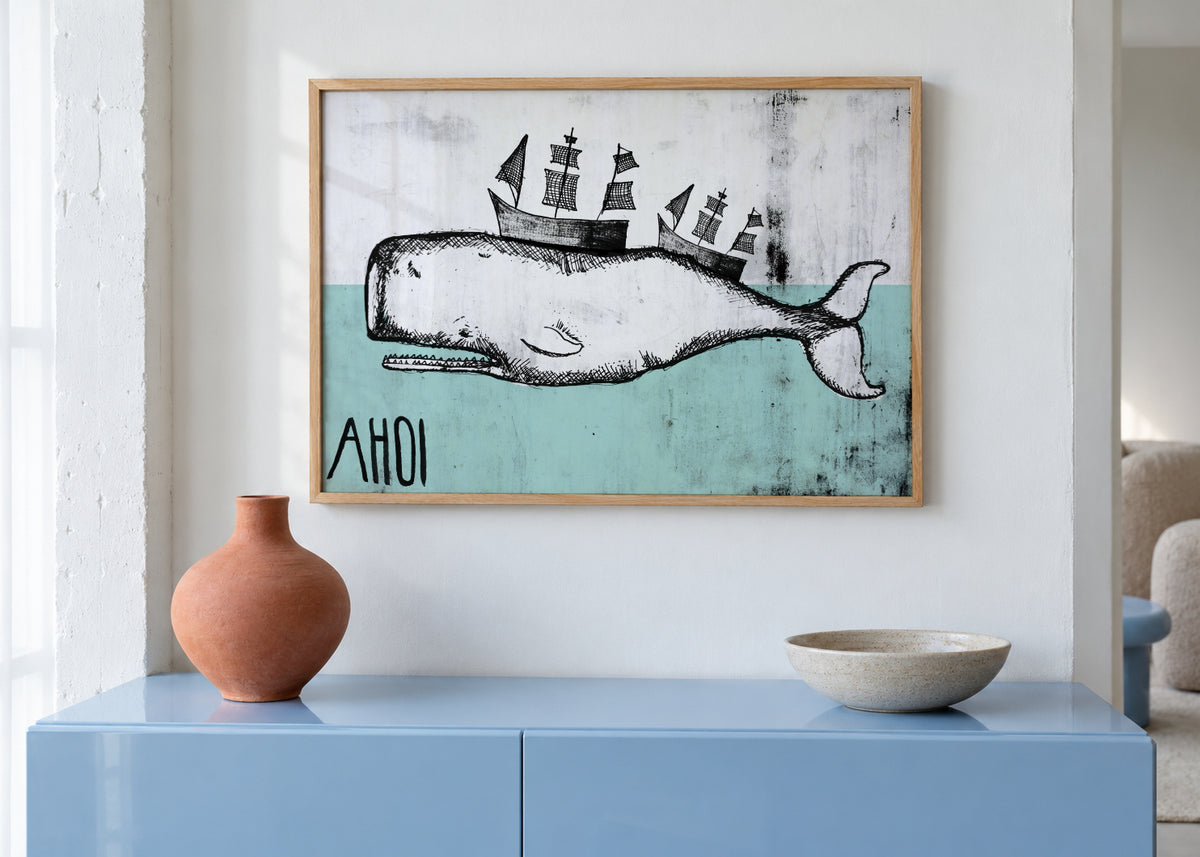 Ahoi Whale - Framed poster in an interior
