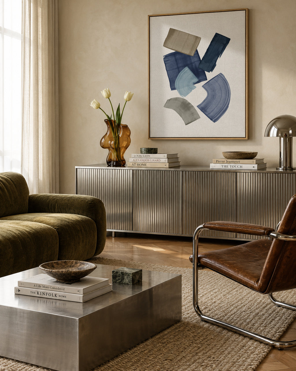 Blue & Brown Paint Blocks - Framed canvas in an interior