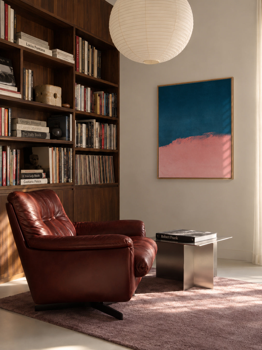 Minimal Landscape Pink and Navy Blue 01 - Framed canvas in an interior