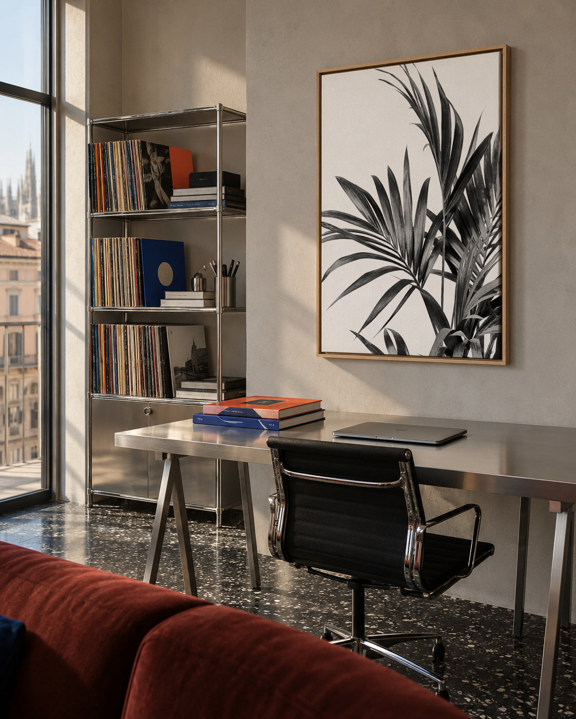 Palm Leaves Black and White 01 - Framed canvas in an interior
