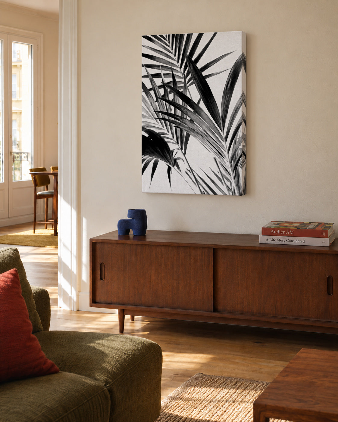 Palm Leaves Black and White 02 - Unframed canvas in an interior
