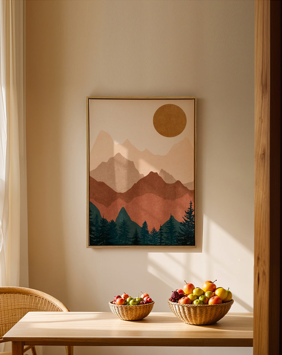 Sunset Peaks 2 - Framed canvas in an interior