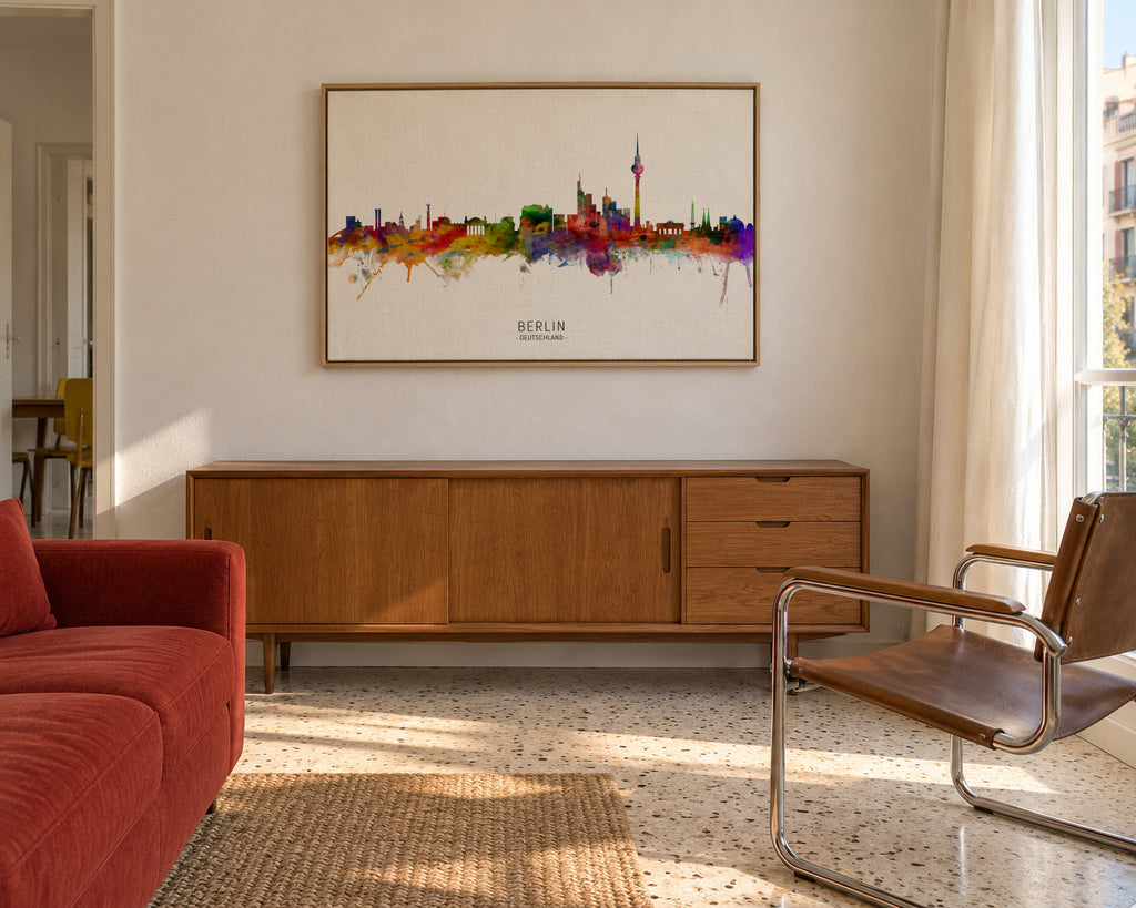 Berlin Skyline multicolor - Framed canvas in an interior
