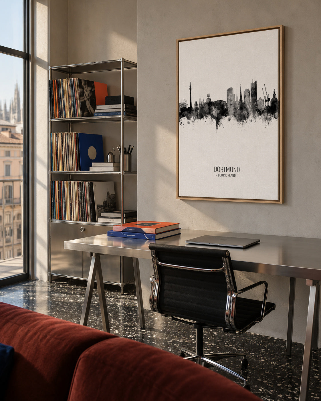 Dortmund Skyline en blanco y negro - Framed canvas in an interior