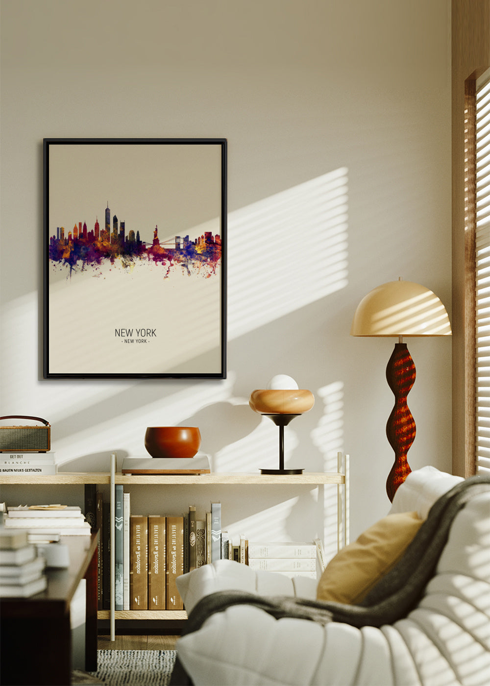 New York Skyline en beige - Framed canvas in an interior