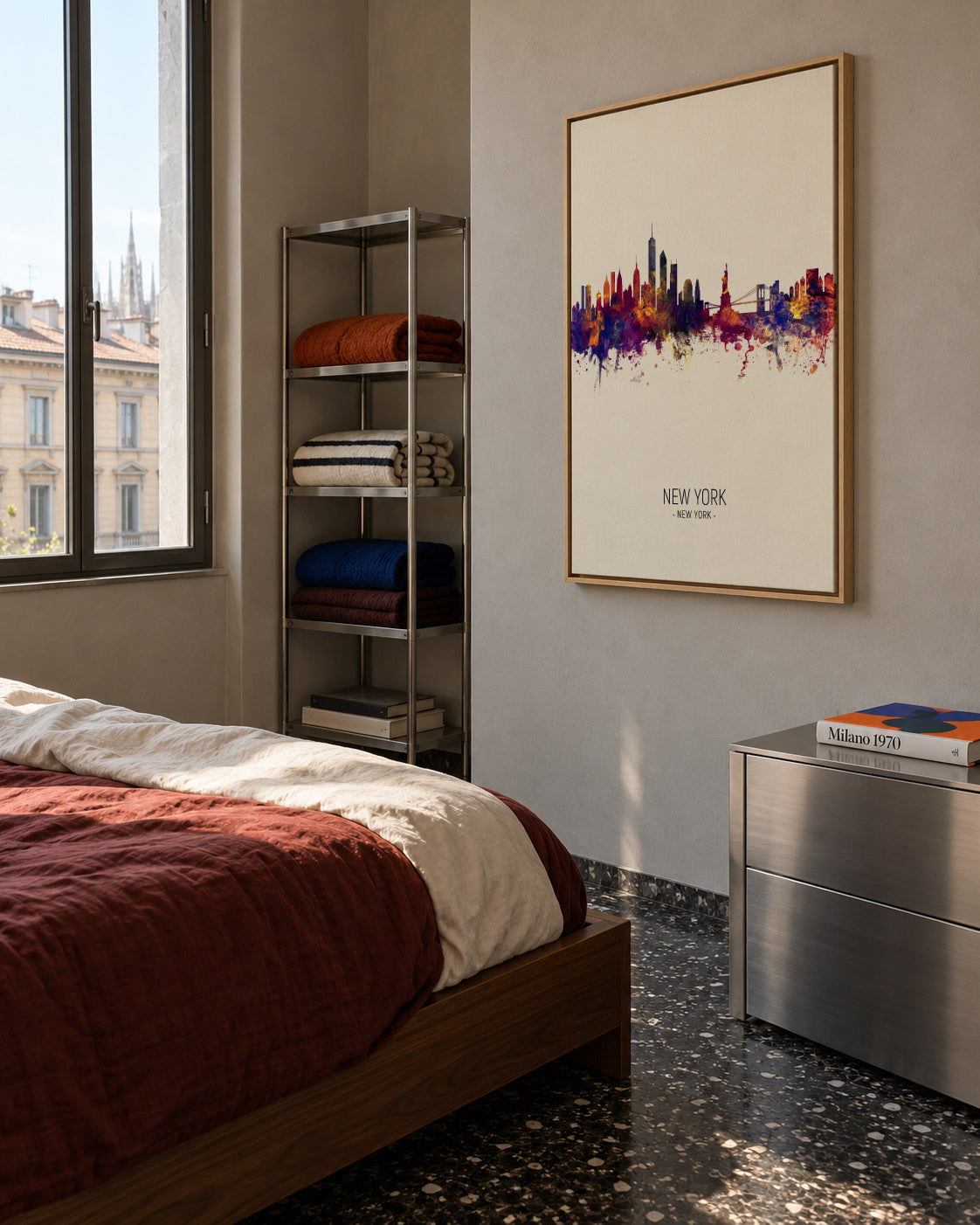 New York Skyline en beige - Framed canvas in an interior