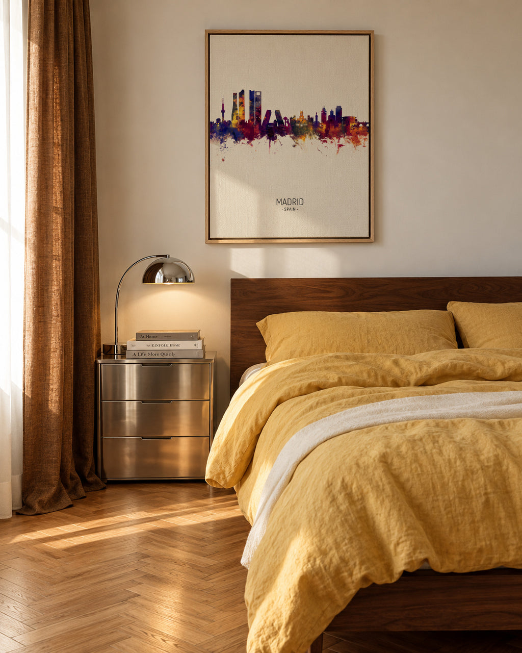 Madrid Skyline en beige - Framed canvas in an interior