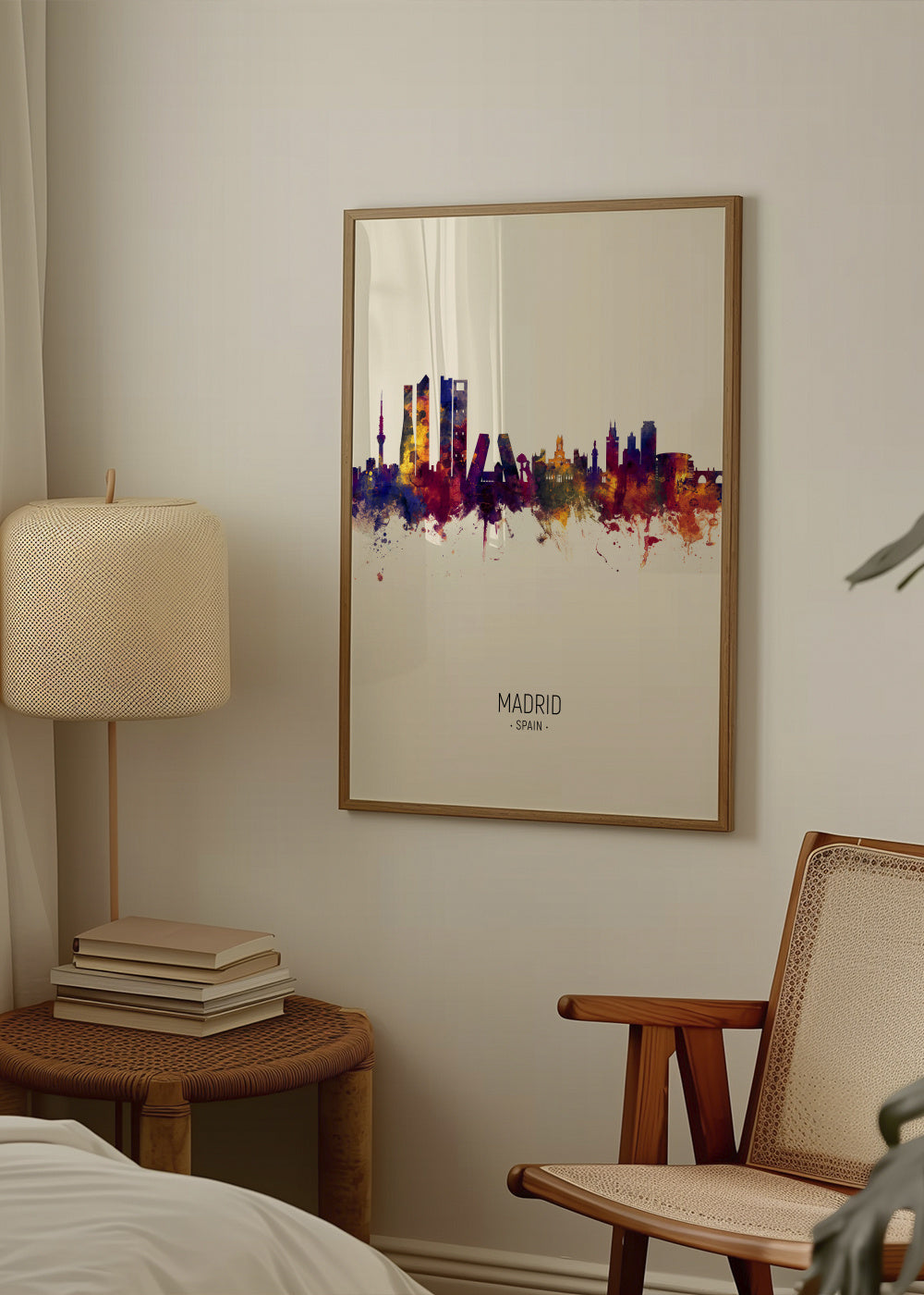 Madrid Skyline en beige - Framed poster in an interior