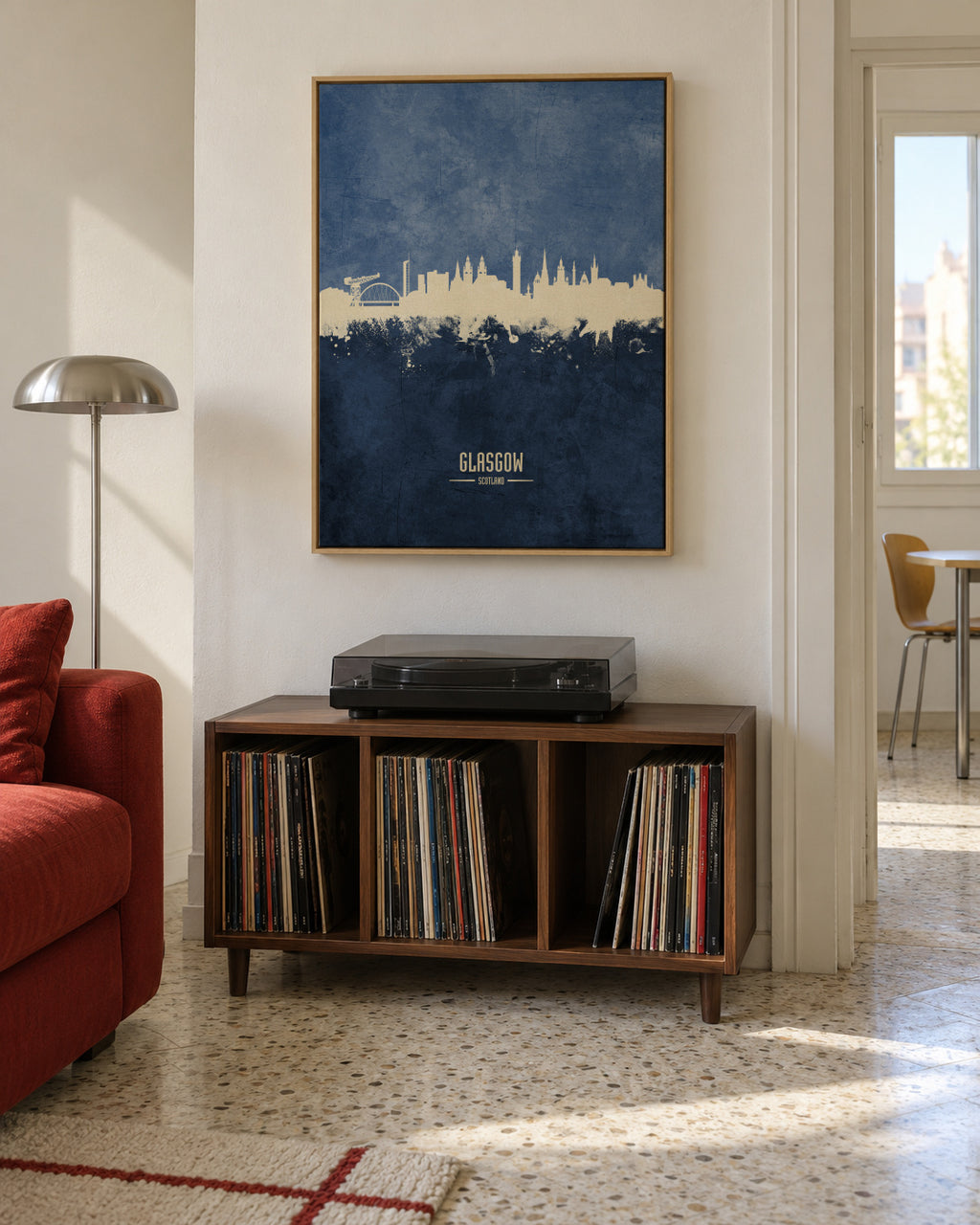 Glasgow Skyline Azul - Framed canvas in an interior