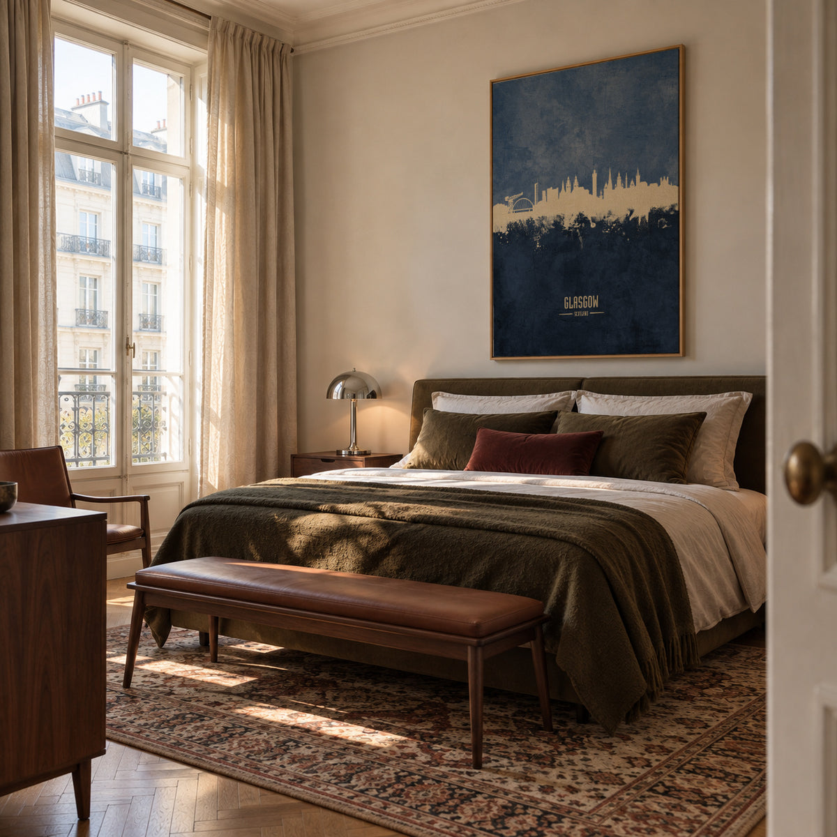 Glasgow Skyline Azul - Framed canvas in an interior