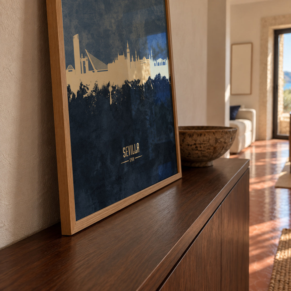 Sevilla Skyline Azul - Framed poster in an interior