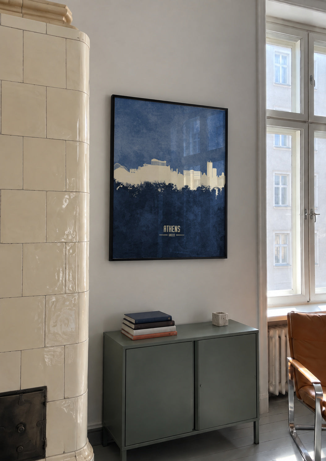 Athens Skyline azul - Framed poster in an interior