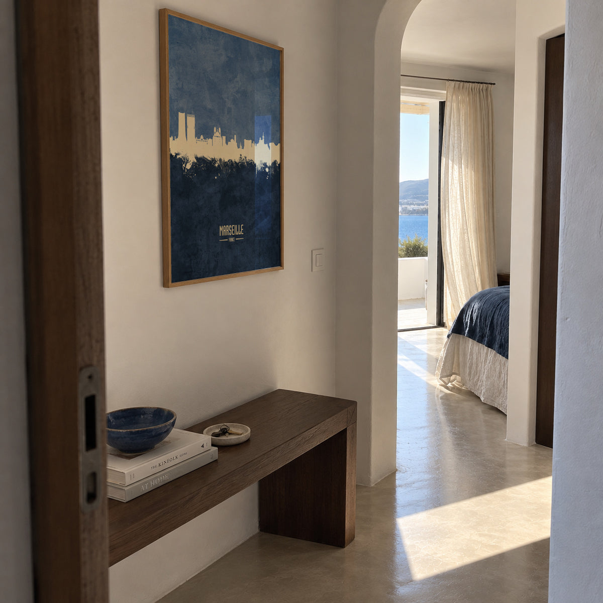 Marseille Skyline azul - Framed poster in an interior