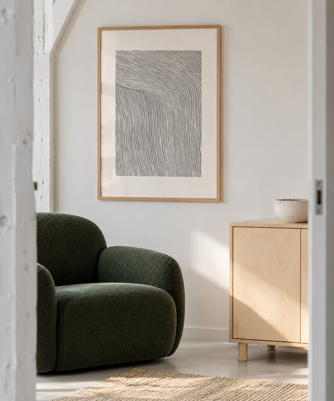 Stripes linocut Nº6 - Gray - Framed poster in an interior