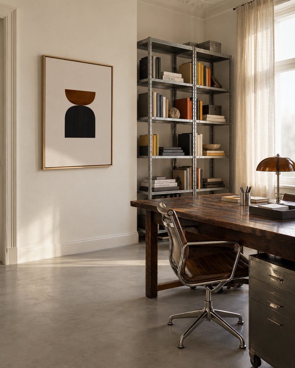 Geometric shapes Nº1 - rust & black - Framed canvas in an interior