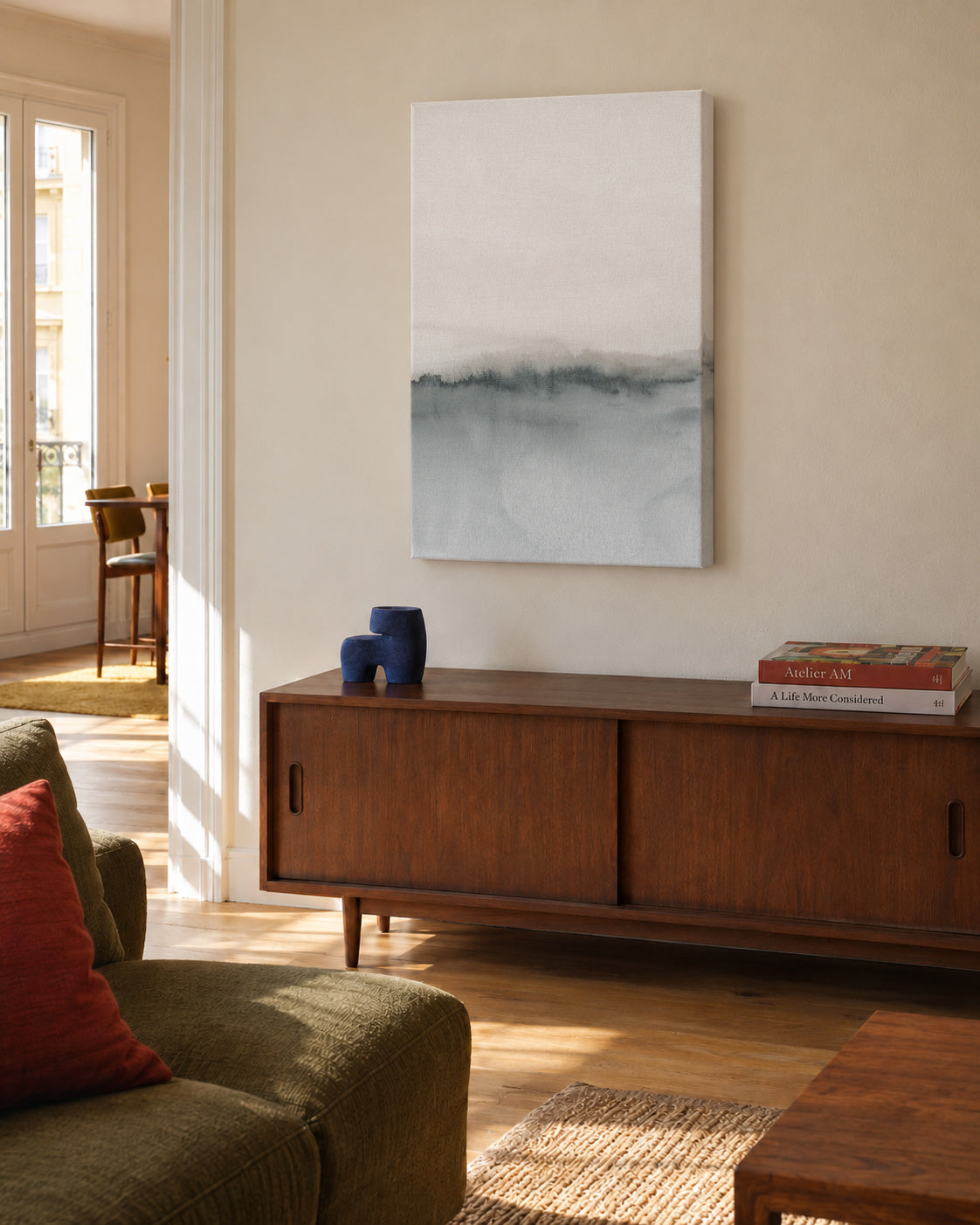 Watercolor landscape N 46 Soft coral & Gray 2/2 - Unframed canvas in an interior