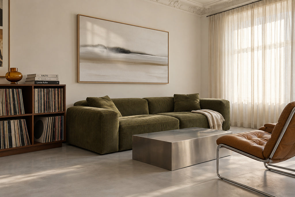 Hazy horizon in sepia and black watercolor - Framed canvas in an interior