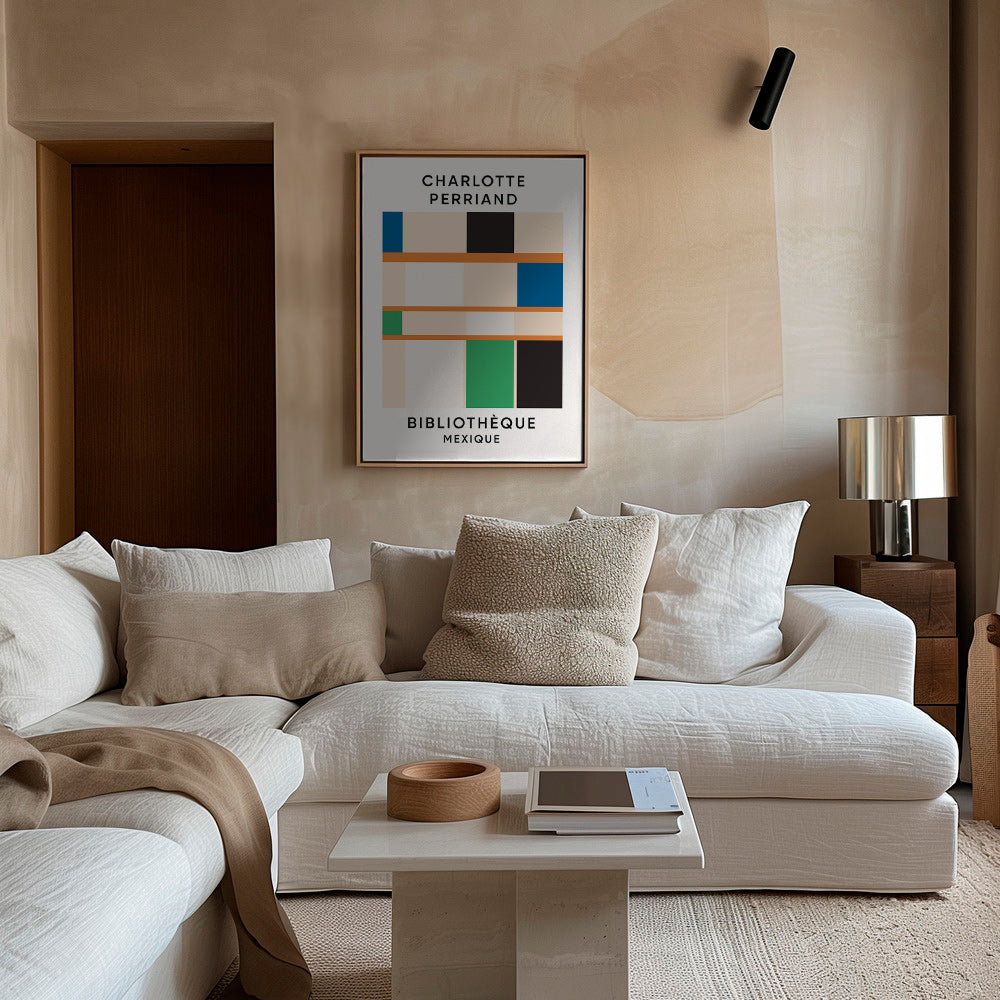 Quadro geometrico a blocchi con tipografia 'Bibliothèque'