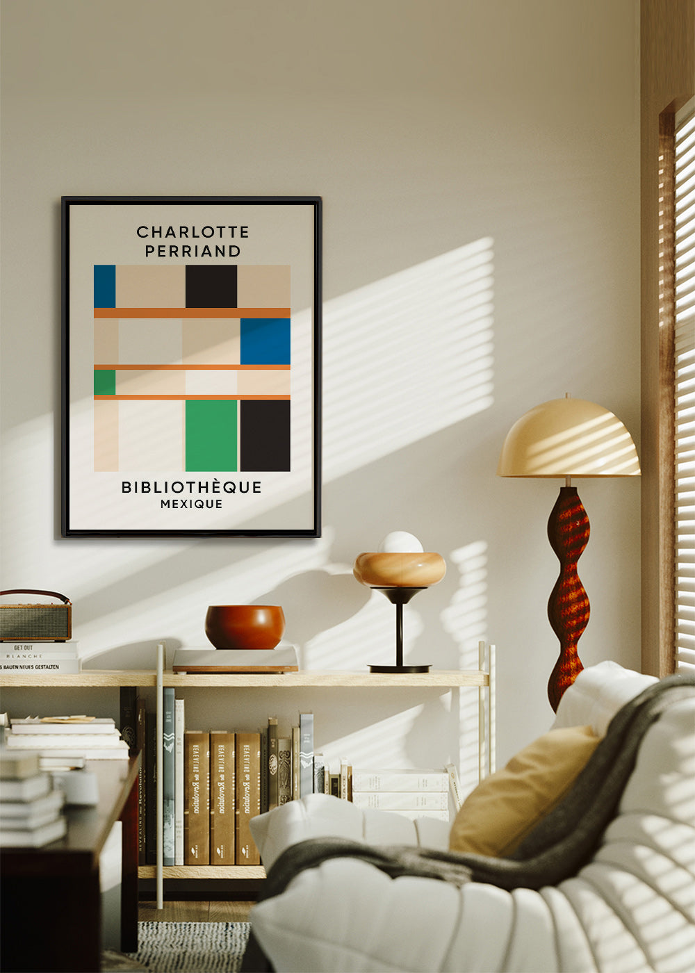 Quadro geometrico a blocchi con tipografia 'Bibliothèque'