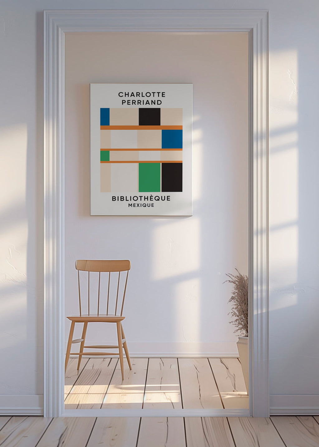 Quadro geometrico a blocchi con tipografia 'Bibliothèque'