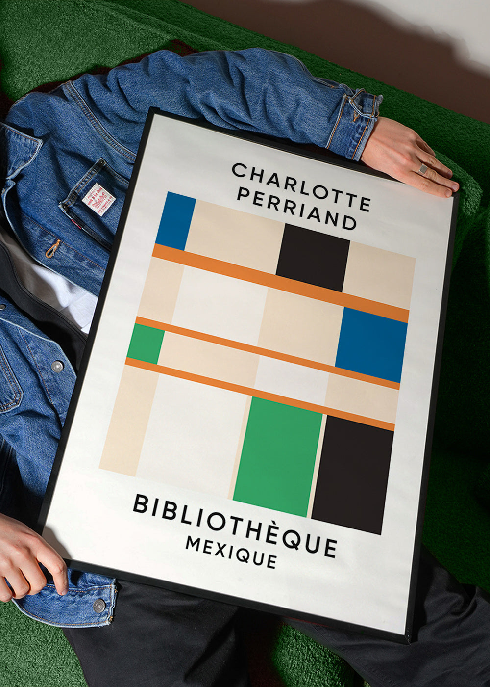 Quadro geometrico a blocchi con tipografia 'Bibliothèque'