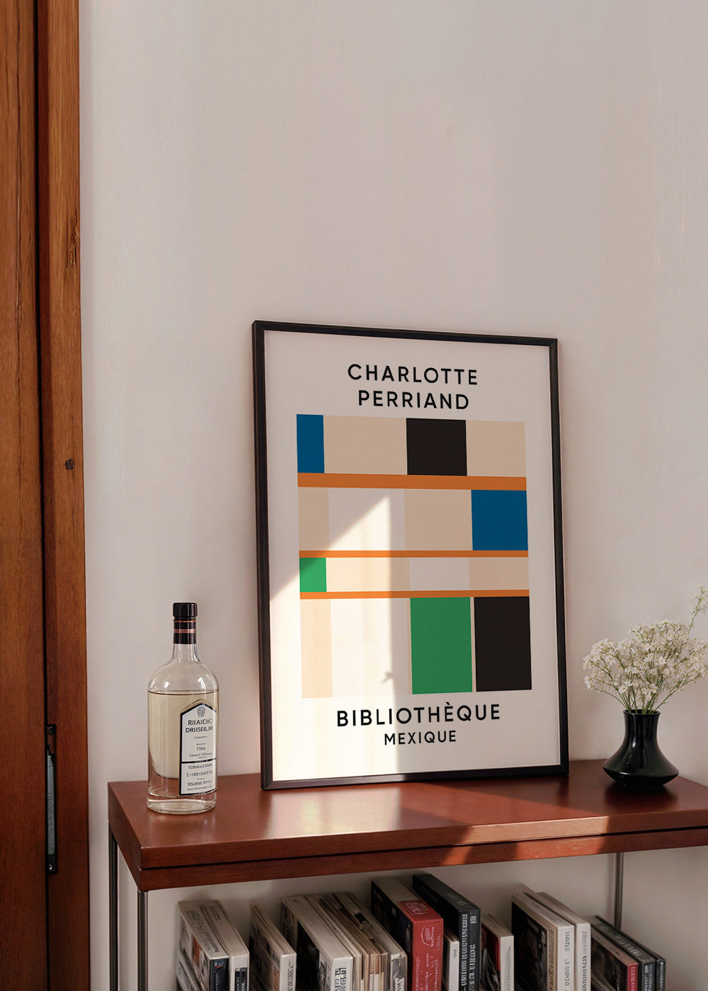 Quadro geometrico a blocchi con tipografia 'Bibliothèque'