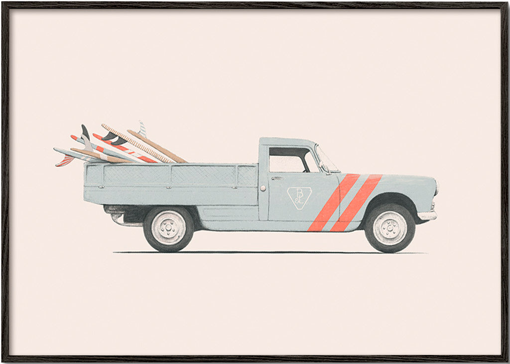 Stampa vintage pickup con tavole da surf