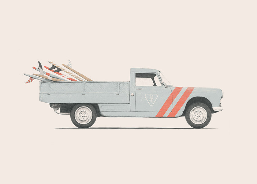 Stampa vintage pickup con tavole da surf