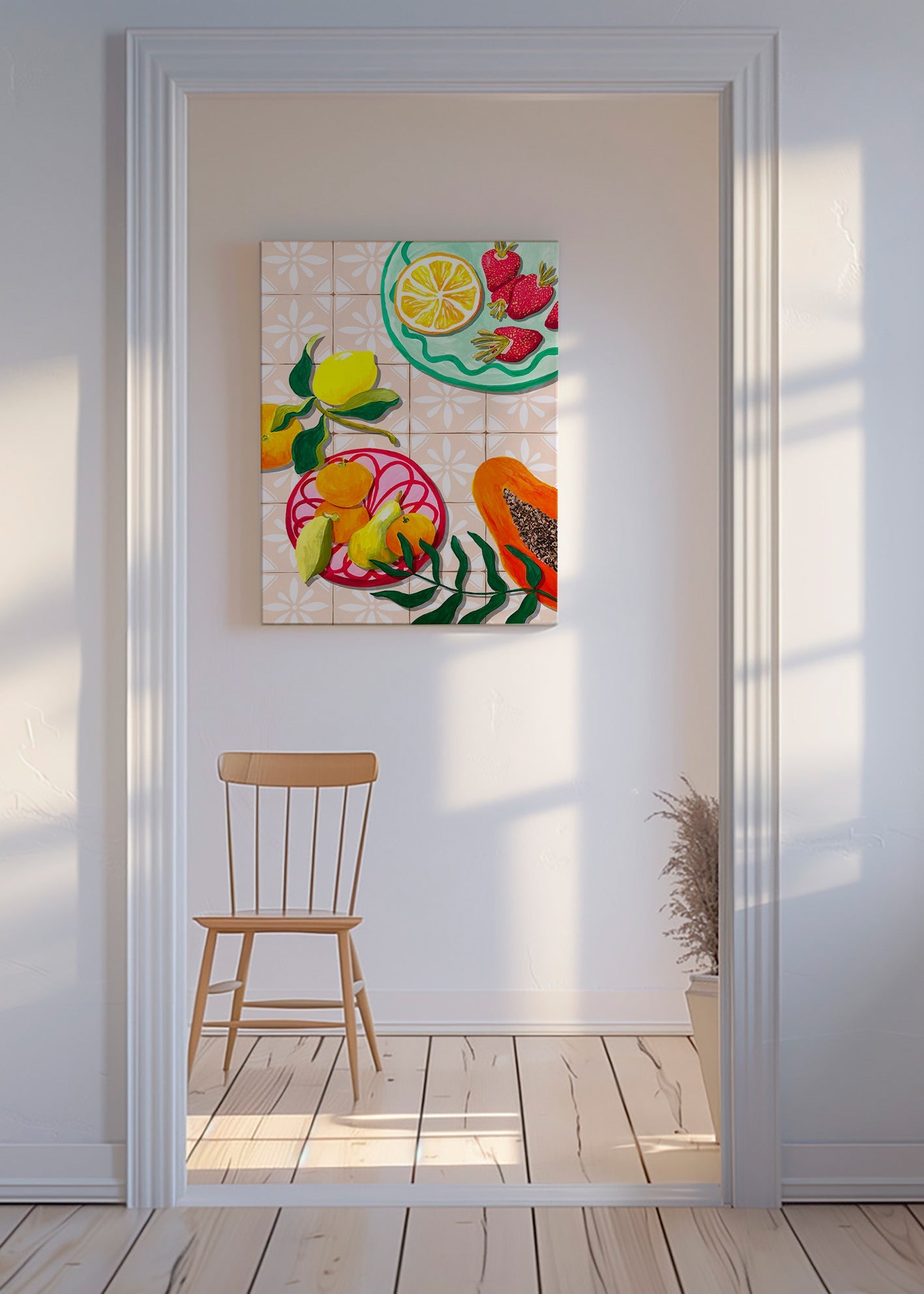 Arte da cucina con frutta e ceramica