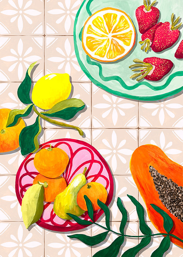 Arte da cucina con frutta e ceramica