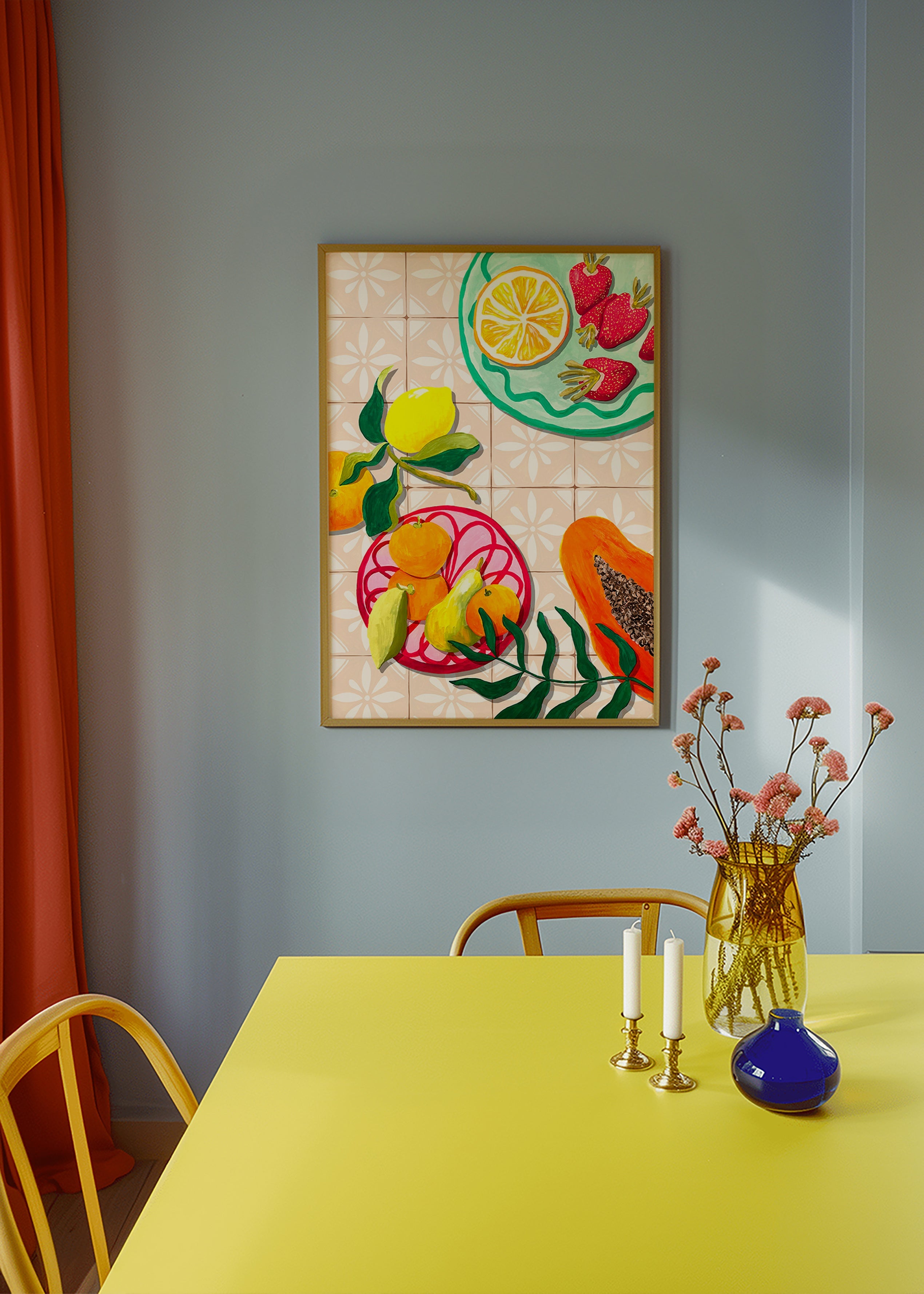 Arte da cucina con frutta e ceramica