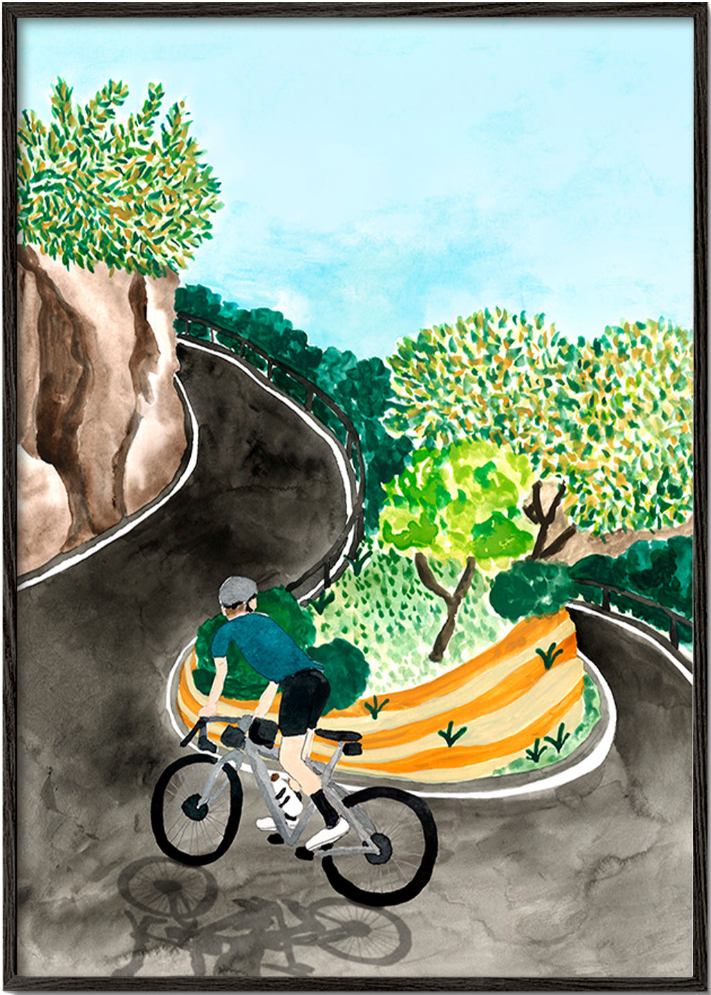 Quadro paesaggio con ciclista in curva di montagna
