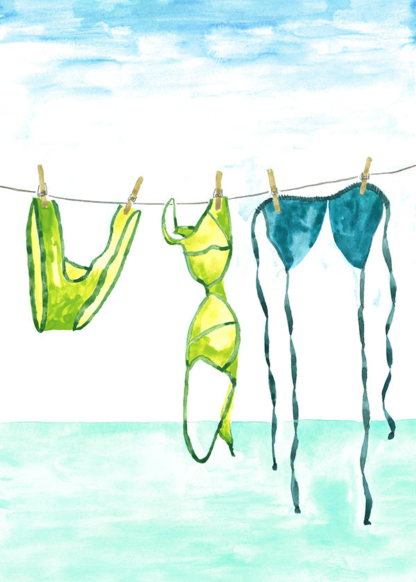 Illustrazione di costumi appesi in spiaggia