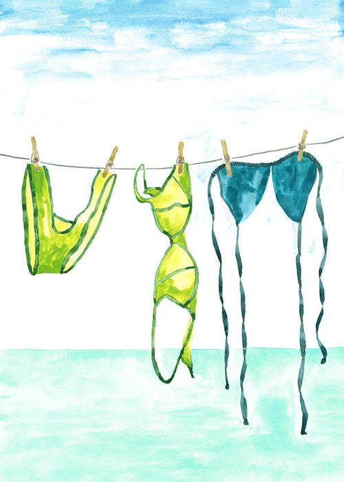 Illustrazione di costumi appesi in spiaggia