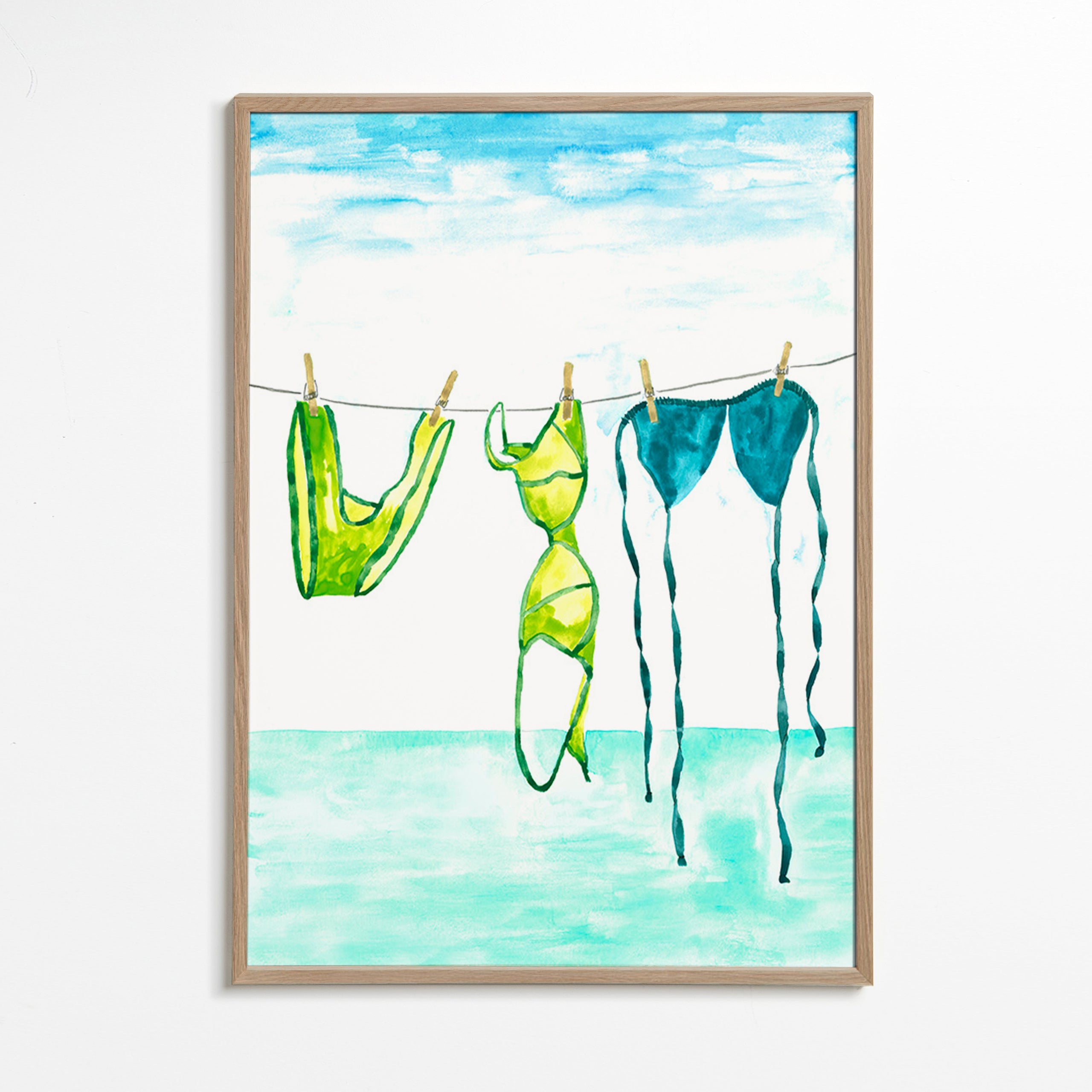 Illustrazione di costumi appesi in spiaggia