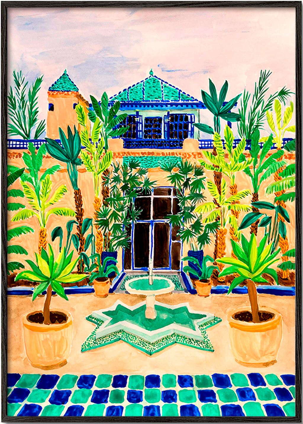 Stampa botanica Cortile con fontana e piastrelle