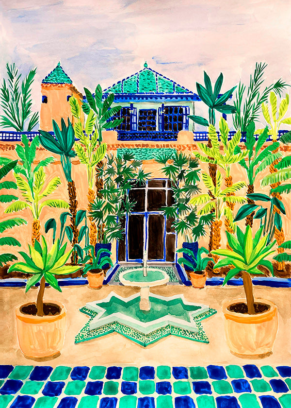 Stampa botanica Cortile con fontana e piastrelle