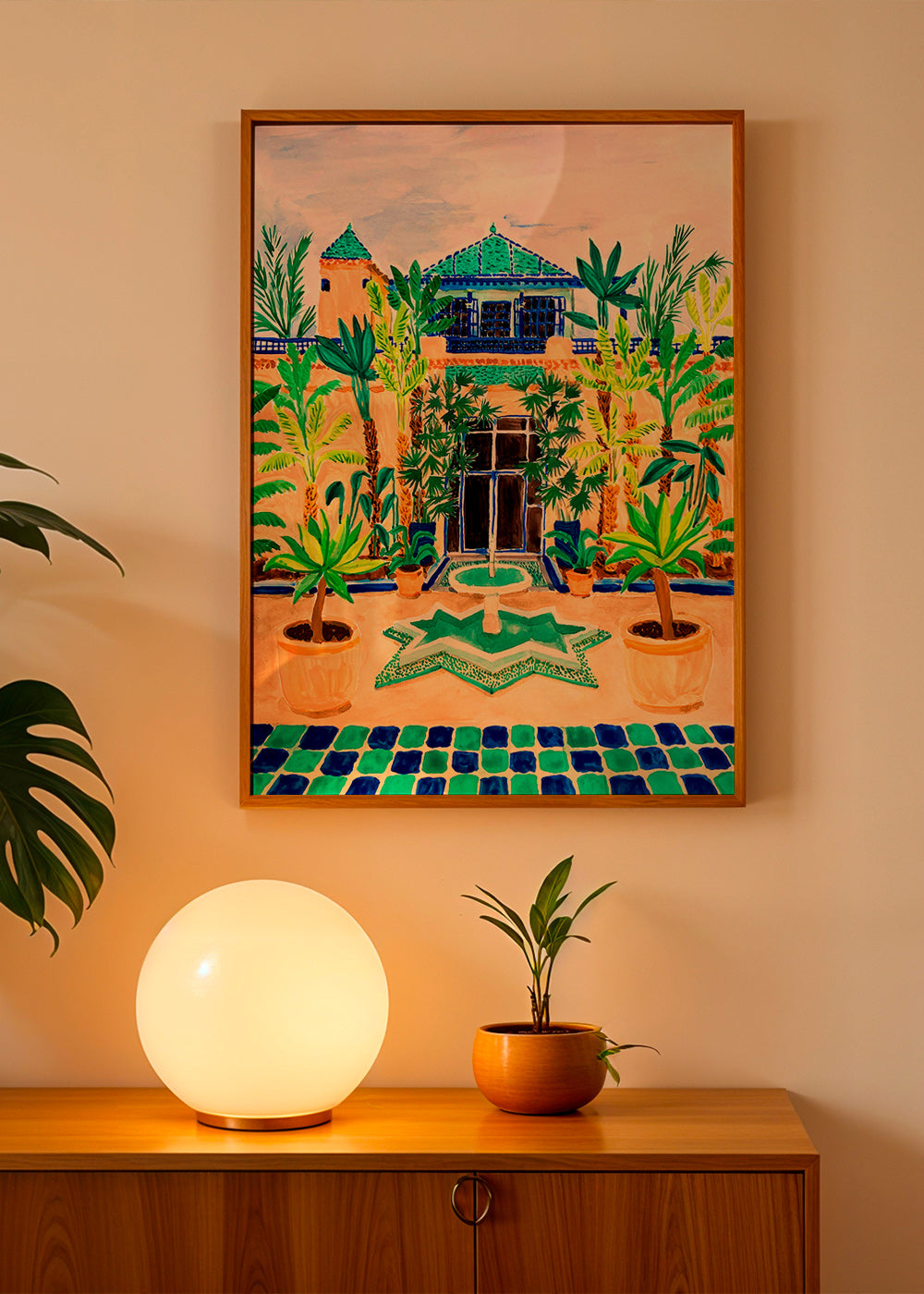 Stampa botanica Cortile con fontana e piastrelle