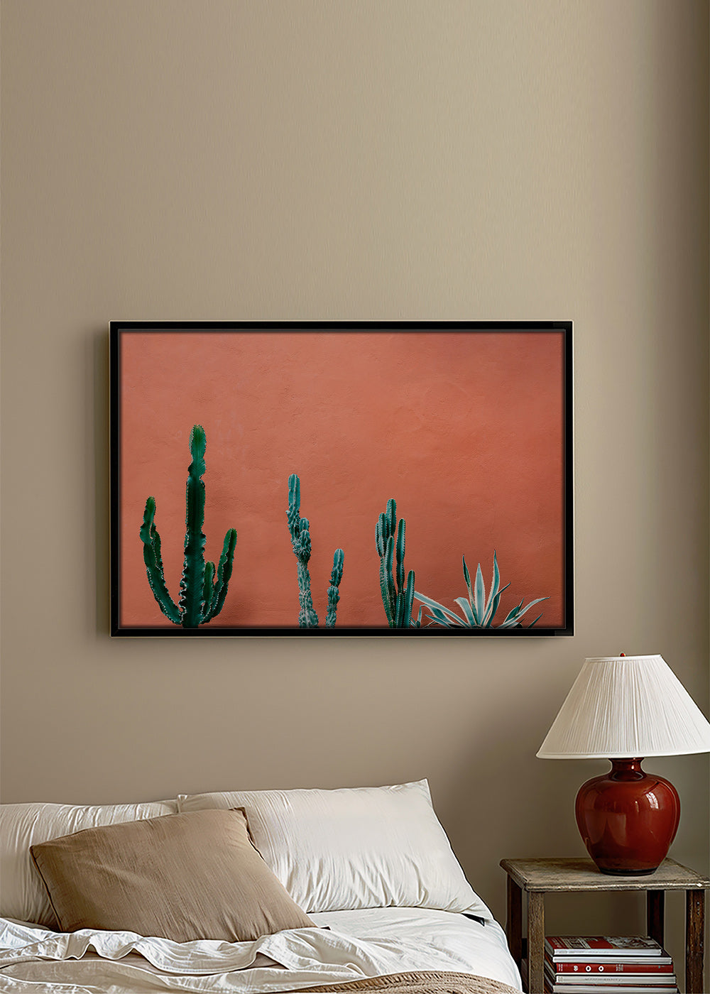 Stampa botanica con cactus su parete terracotta – Canvas2