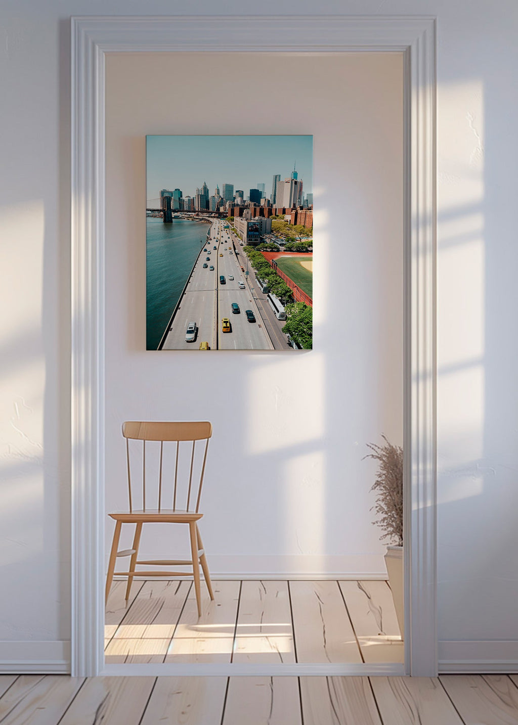 Poster di viaggio: skyline e ponte visti dall'alto – Canvas