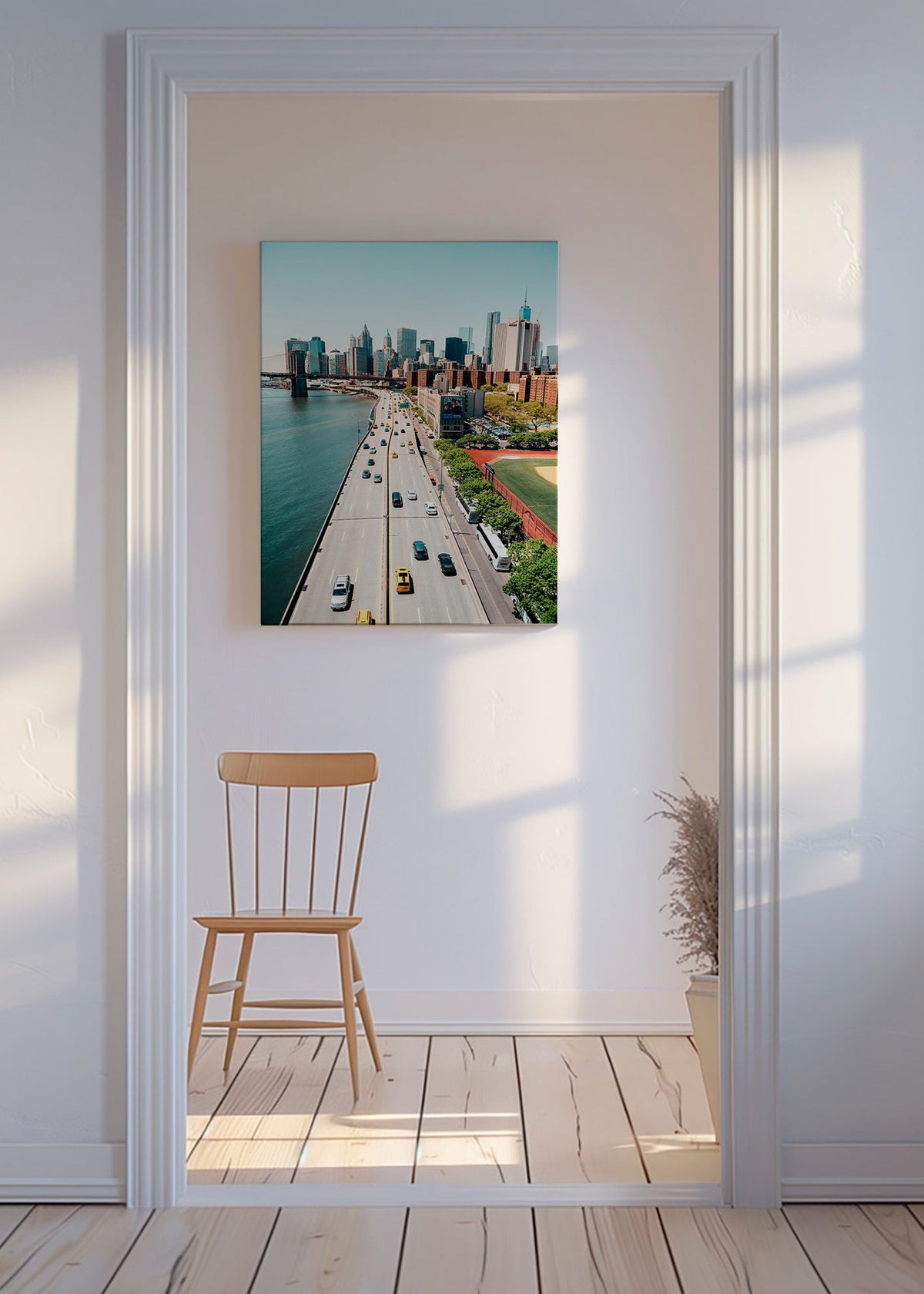 Poster di viaggio: skyline e ponte visti dall'alto – Canvas
