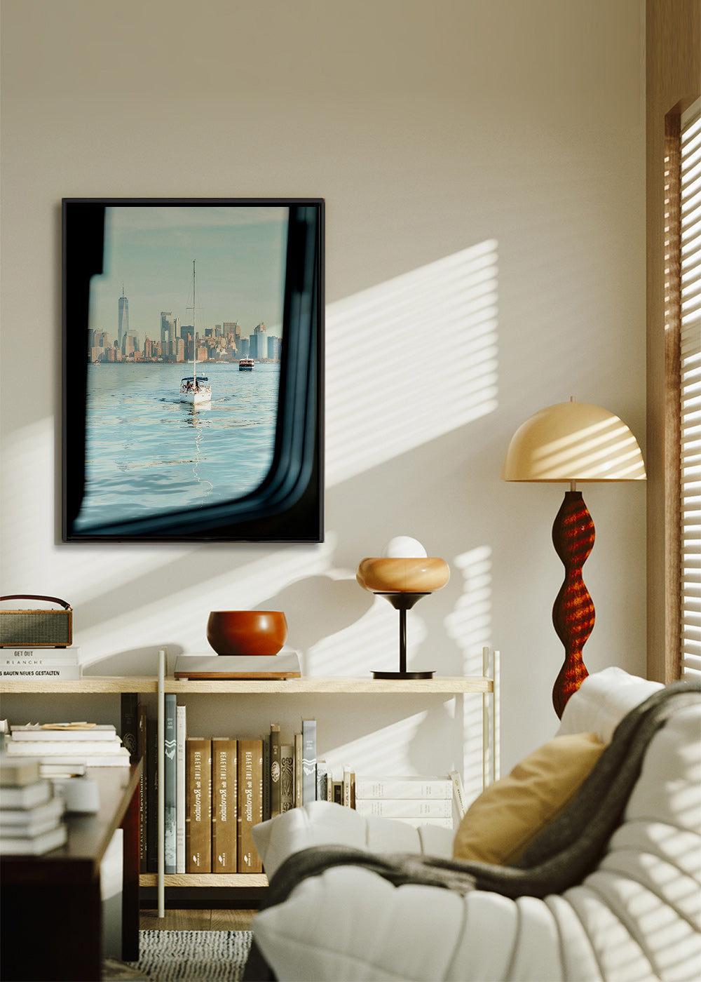 Poster di viaggio con barca a vela e skyline – Canvas2