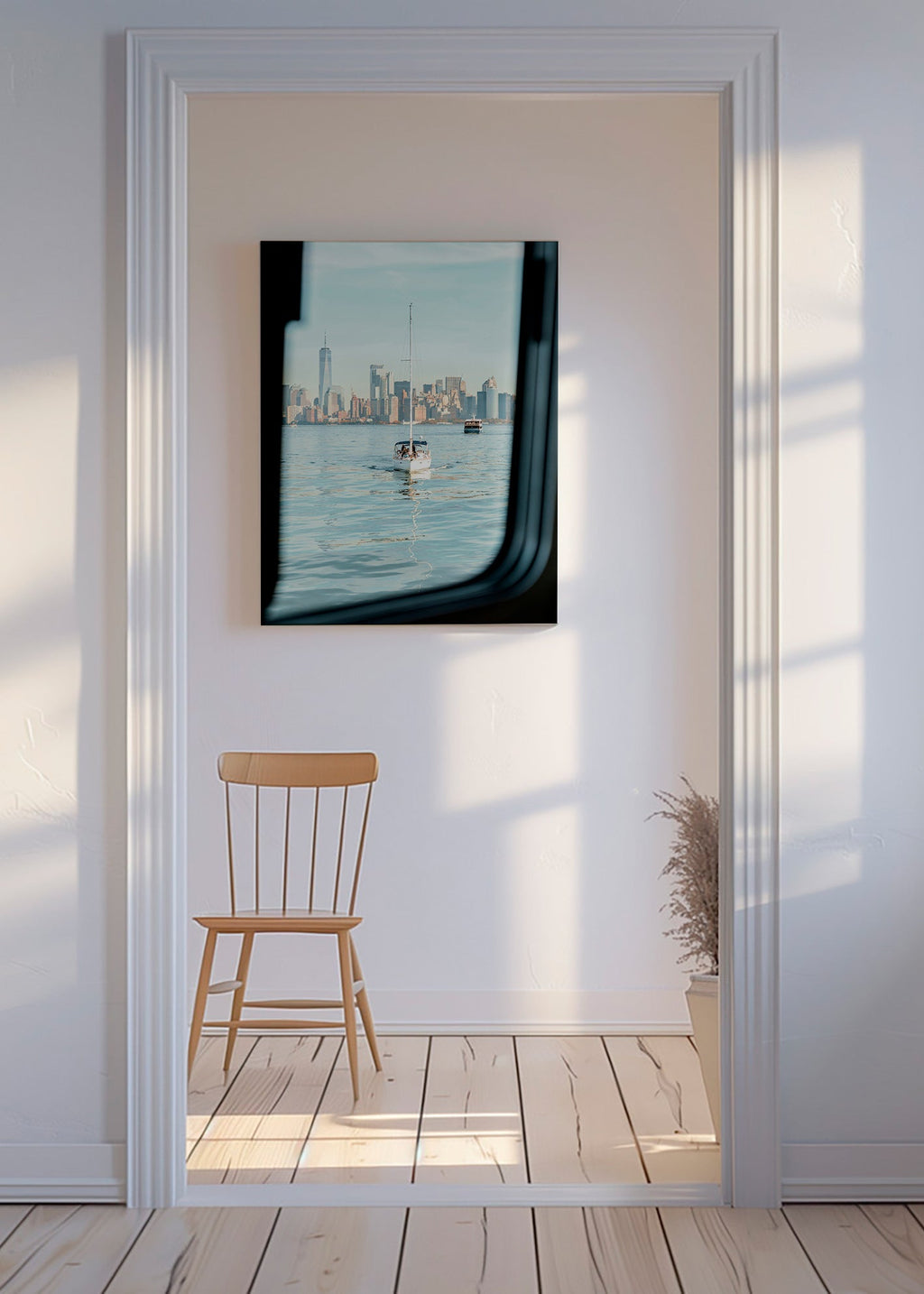 Poster di viaggio con barca a vela e skyline – Canvas