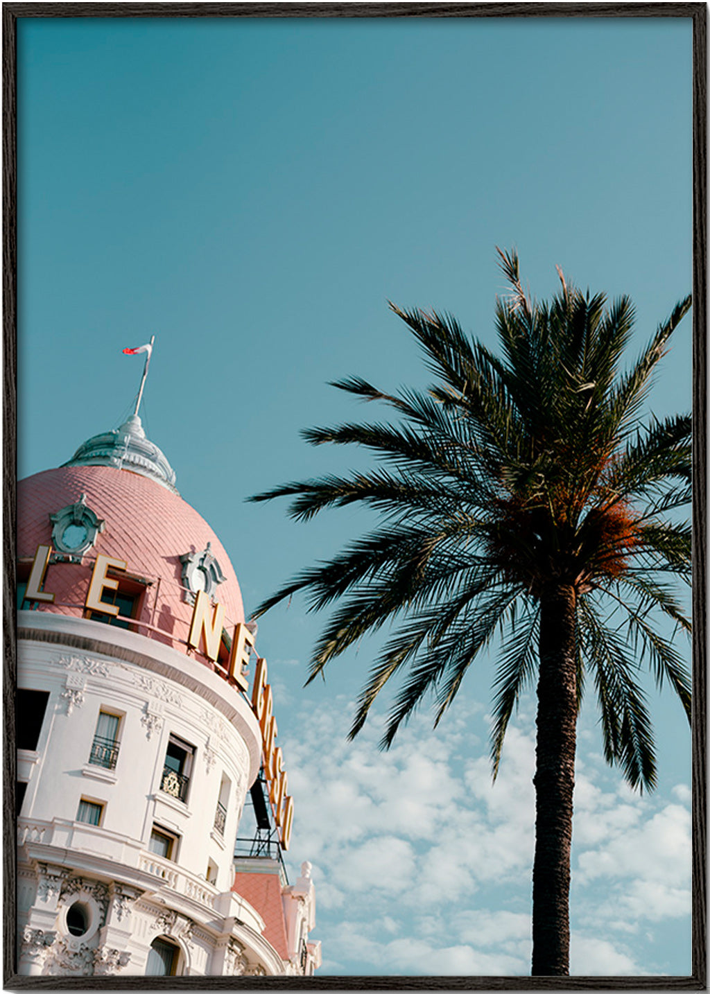 Quadro città Riviera con cupola e palma – Black Frame