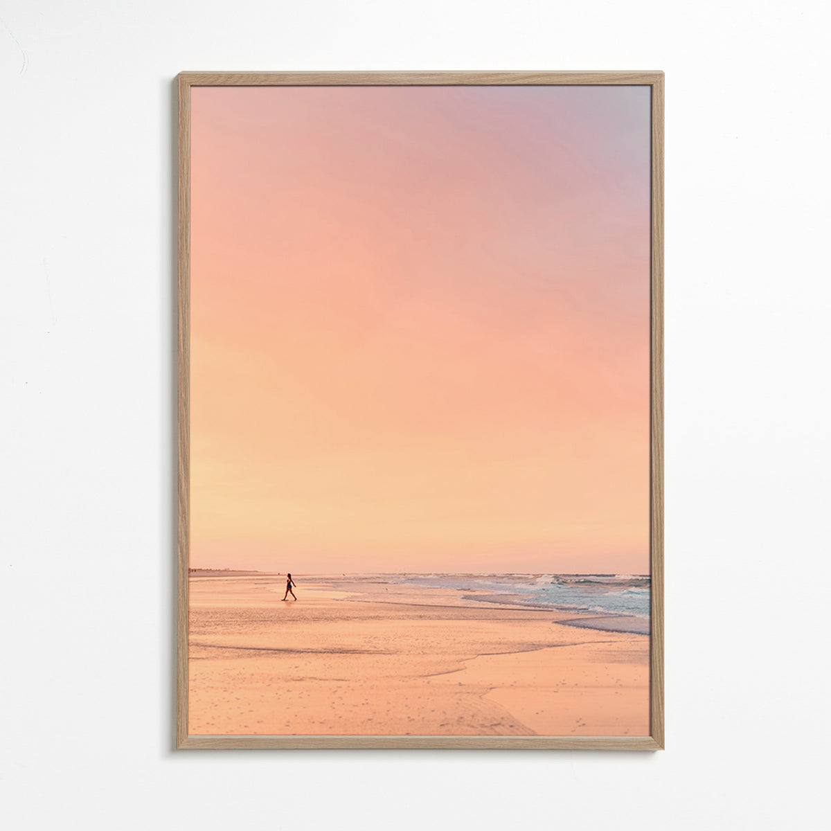 Arte paesaggistica: spiaggia all'alba in toni pastello – Oak Frame