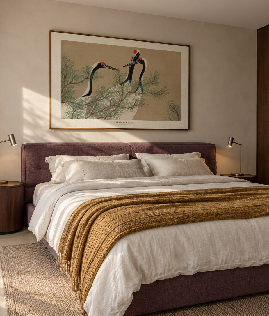 Cranes From Momoyogusa - Framed canvas in an interior