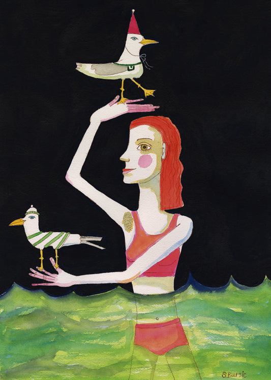 Swimming Lady with birds - Sharyn Bursic