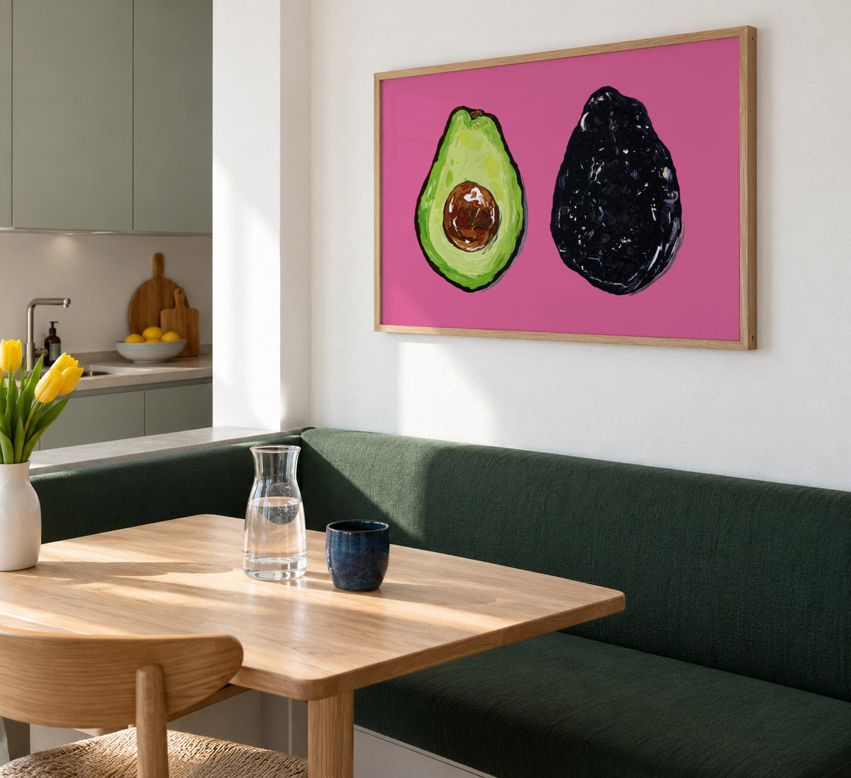 Avocado On Pink - Framed poster in an interior