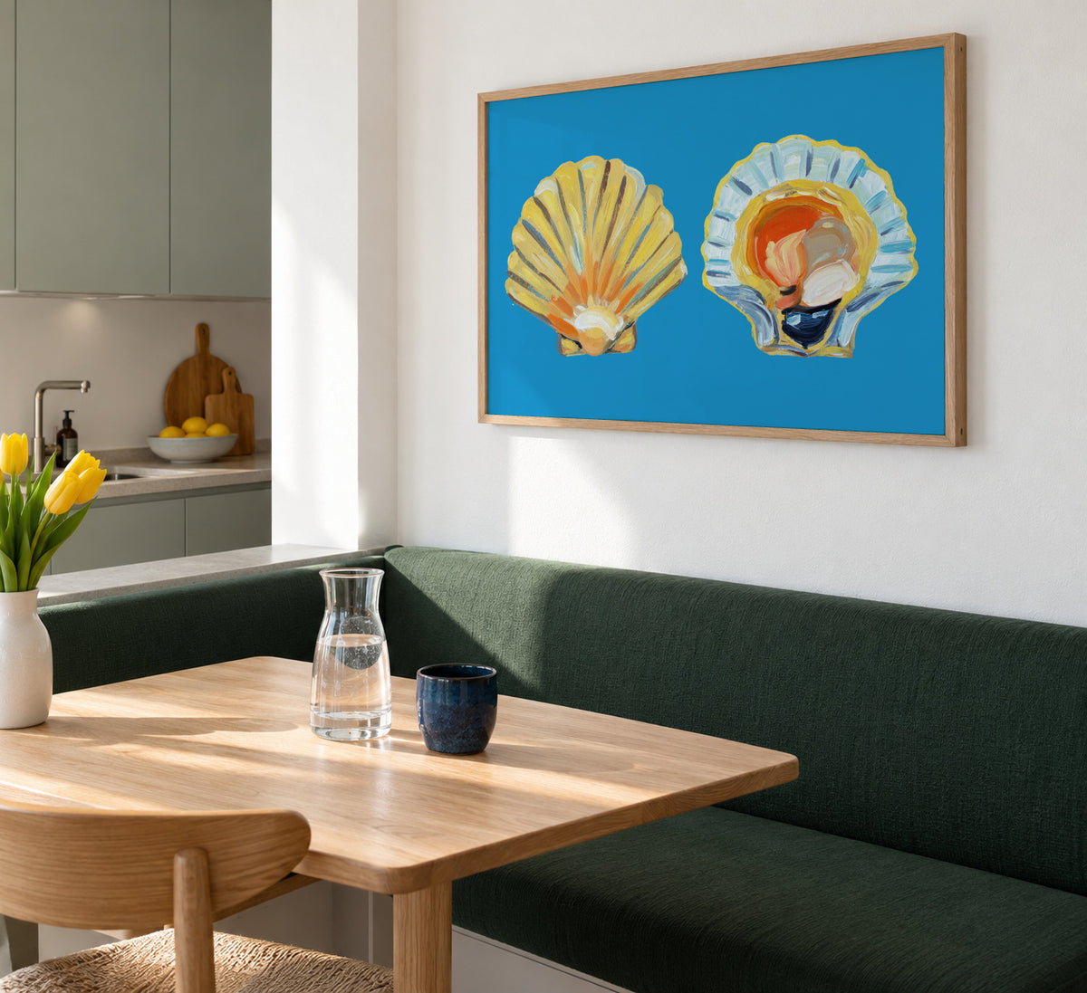 Scallops On Blue - Framed poster in an interior